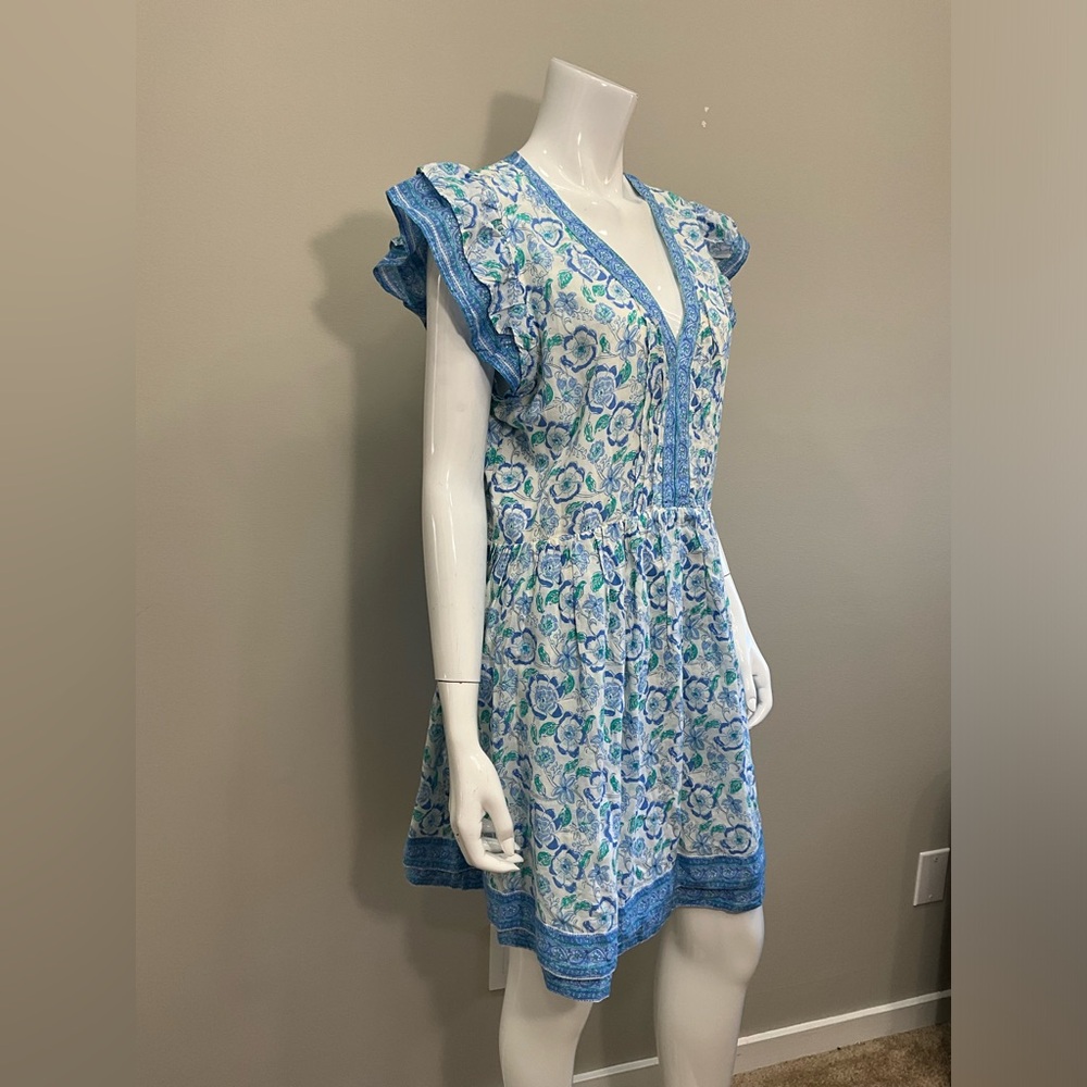 Vineyard Vines Flutter Sleeve Floral Dress Blue White V-Neck Mini Dress L